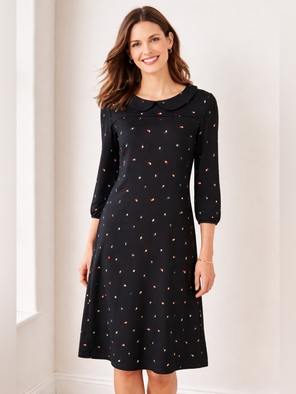 BODEN Women’s Size 10R Black Peter‎ Pan Collar Leaf Print 3/4 Sleeve Shift Dress